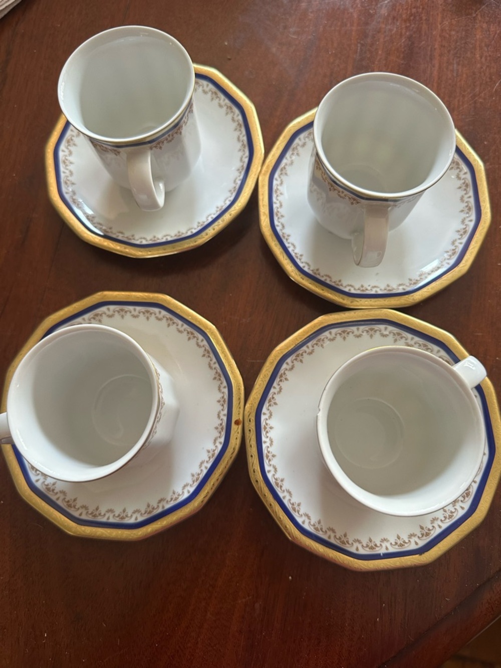Classic White Porcelain Espresso Cups and Saucers with Gold and Blue Trim